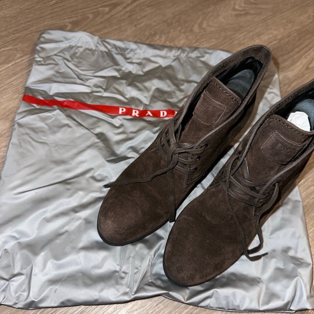 Authentic Prada brown wedge ankle booties boots